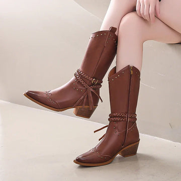 Xajzpa New Faux Leather Retro Western Boots Women Rivet Belt Buckle Mid Calf Boots Square High Heels Punk Cowboy Boots